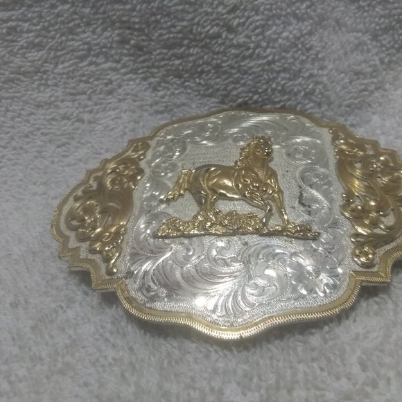 Montana Silversmiths Gold Dancing Horse Buckle Custom Silver Engraved Great !!! main image 8